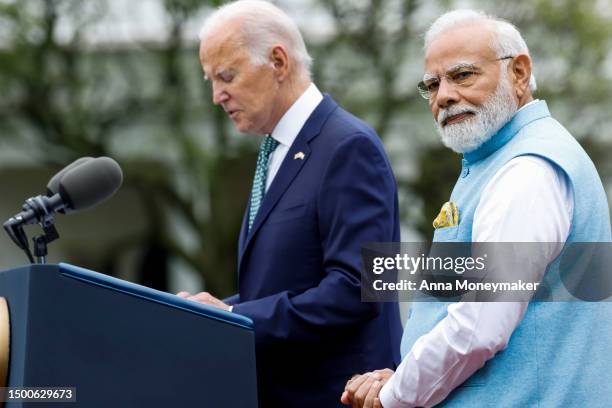 Indian Prime Minister Narendra Modi listens as U.S. President Joe Biden speaks at an arrival ceremony at the White House on June 22, 2023 in...