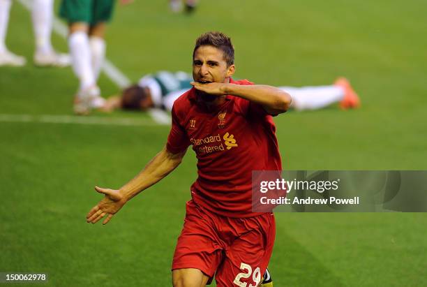 Fabio Borini of Liverpool celebrates his goal during the UEFA Europa League Third Round Qualifier between Liverpool and Gomel at Anfield on August 9,...