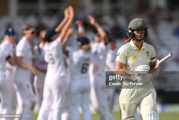 Australia batter Ellyse Perry reacts after being dismissed for 99 runs during day one of the LV= Insurance Women's Ashes Test match between England...