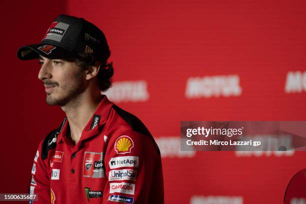 Francesco Bagnaia of Italy and Ducati Lenovo Team looks on during the pre-event press conference during the MotoGP of Netherlands - Previews at TT...