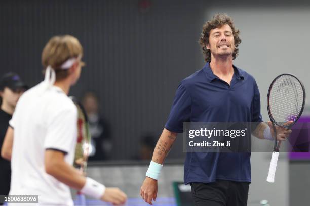 Marat Safin of Russia reacts against Carlos Moya of Spain and Juan Martin Del Potro of Argentina on Day 1 of Hangzhou 2023 International Tennis...