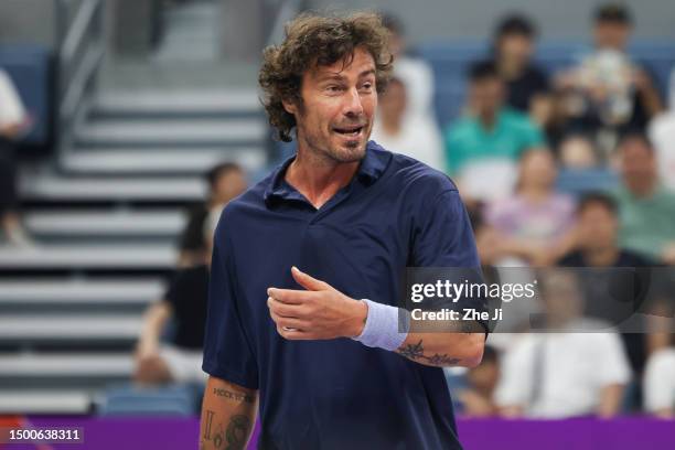 Marat Safin of Russia reacts against Carlos Moya of Spain and Juan Martin Del Potro of Argentina on Day 1 of Hangzhou 2023 International Tennis...