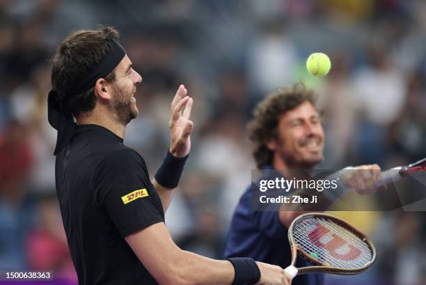 Juan Martin Del Potro of Argentina reacts against Marat Safin of Russia and David Ferrer of Spain on Day 1 of Hangzhou 2023 International Tennis...