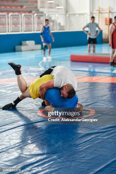 wrestler trying to turn opponent and win match - wrestling team stock pictures, royalty-free photos & images