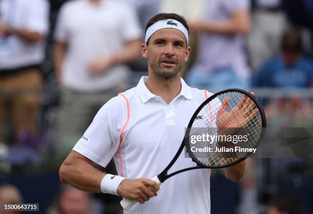 Grigor Dimitrov of Bulgaria celebrates winning match point against Francisco Cerundolo of Argentina during the Men's Singles Second Round match on...