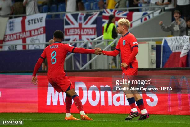 Emile Smith Rowe of England celebrates scoring the team's second goal with teammate Jacob Ramsey during the UEFA Under-21 Euro 2023 match between...
