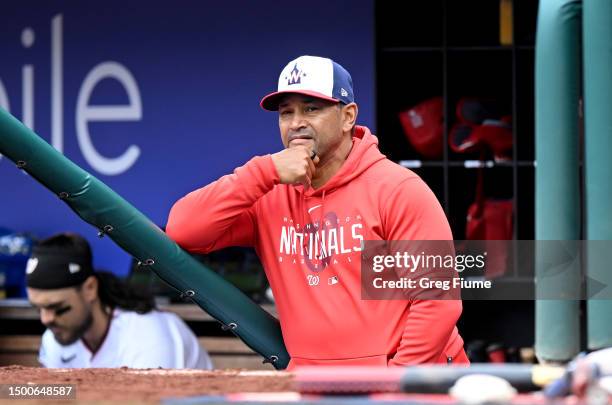 Manager Dave Martinez of the Washington Nationals watches the game in the third inning against the Arizona Diamondbacks at Nationals Park on June 22,...