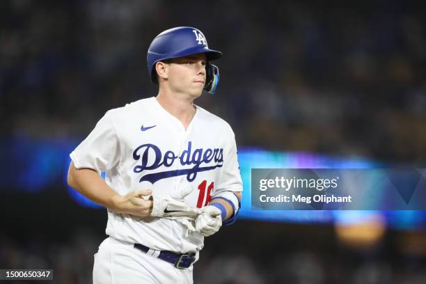 Will Smith of the Los Angeles Dodgers walks in the ninth inning against the San Francisco Giants at Dodger Stadium on June 16, 2023 in Los Angeles,...