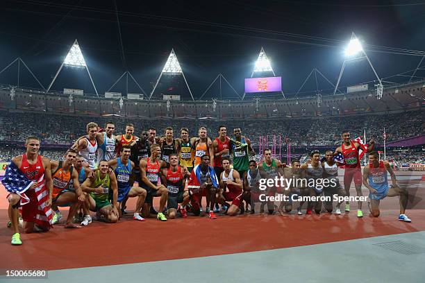 The Decathlon athletes pose for a photo after the Men's Decathlon 1500m on Day 13 of the London 2012 Olympic Games at Olympic Stadium on August 9,...