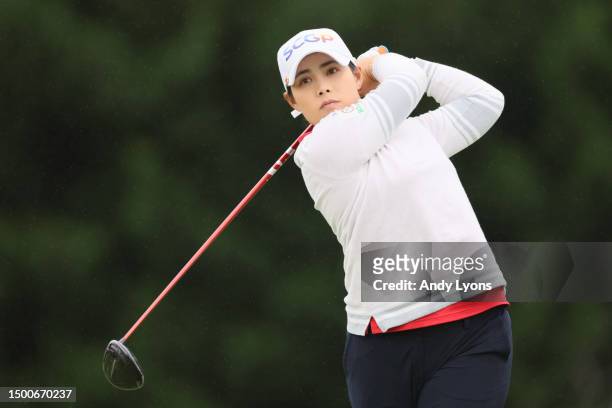 Moriya Jutanugarn of Thailand hits a tee shot on the 14th hole during the first round of the KPMG Women's PGA Championship at Baltusrol Golf Club on...
