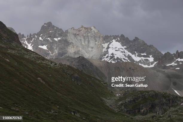 The partially collapsed Fluchthorn mountain stands on June 22, 2023 near Galtur, Austria. On June 12 approximately one million cubic meters of rock...