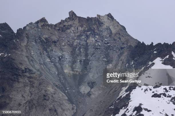 View of the partially collapsed Fluchthorn mountain on June 22, 2023 near Galtur, Austria. On June 12 approximately one million cubic meters of rock...
