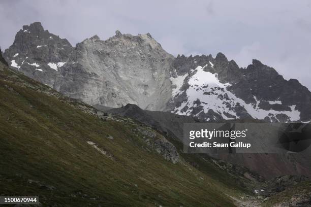 The partially collapsed Fluchthorn mountain stands on June 22, 2023 near Galtur, Austria. On June 12 approximately one million cubic meters of rock...