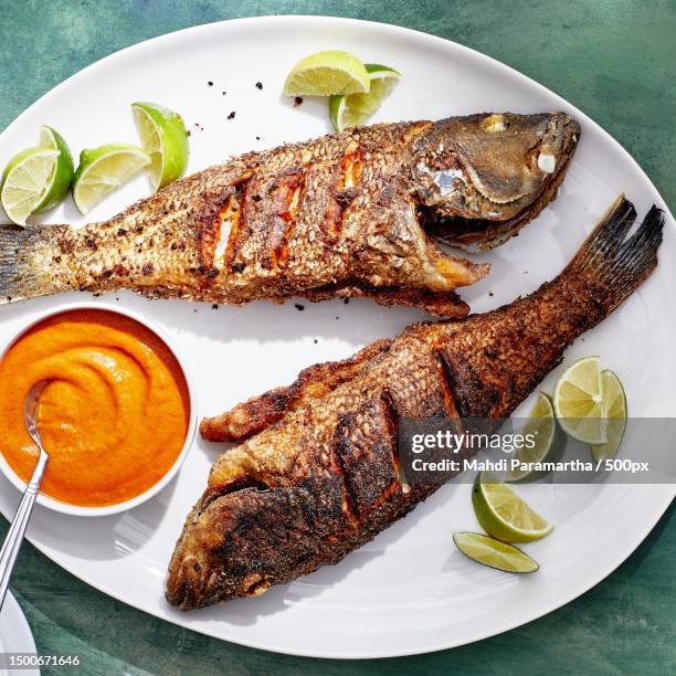 high angle view of roast sea bream in plate on table - sea bream stock pictures, royalty-free photos & images