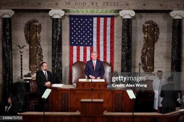 Speaker of the House Kevin McCarthy presides over the House of Representatives prior to an address by Indian Prime Minister Narendra Modi during a...