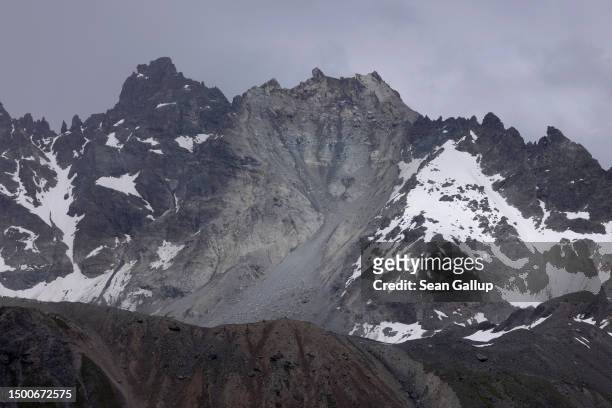 View of the partially collapsed Fluchthorn mountain on June 22, 2023 near Galtur, Austria. On June 12 approximately one million cubic meters of rock...