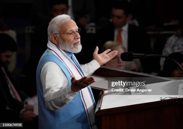 Indian Prime Minister Narendra Modi delivers remarks to a joint meeting of Congress at the U.S. Capitol on June 22, 2023 in Washington, DC. Modi is...