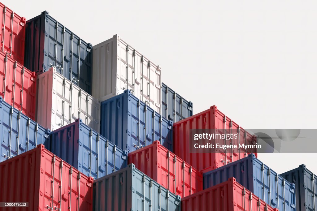 3D abstract composition of shipping containers on top of each other