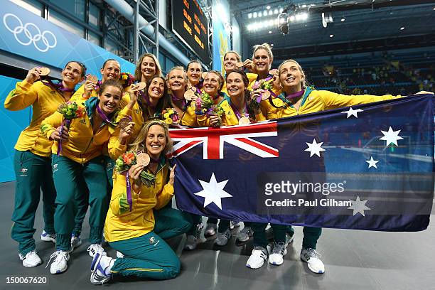 Bronze medallists Australia pose following the medal ceremony for the Women's Water Polo on Day 13 of the London 2012 Olympic Games at the Water Polo...