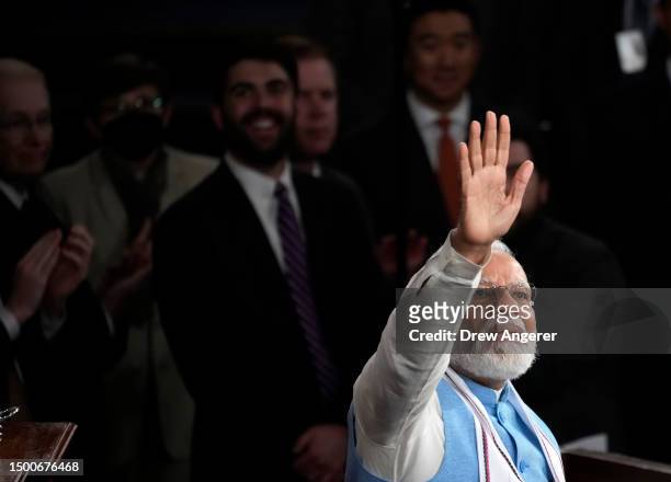 Indian Prime Minister Narendra Modi delivers remarks to a joint meeting of Congress at the U.S. Capitol on June 22, 2023 in Washington, DC. Modi is...