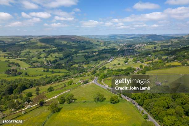 aerial of surprise view in the peak district. - peak district national park stock pictures, royalty-free photos & images