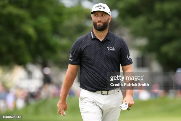 Jon Rahm of Spain walks off the second green during the first round of the Travelers Championship at TPC River Highlands on June 22, 2023 in...