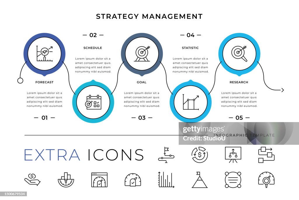 Ícones de linha de gerenciamento de estratégia e modelo de infográfico