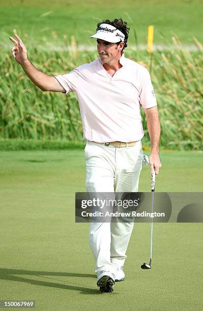 Gonzalo Fernandez-Castano of Spain reacts after making a birdie on the 17th green during Round One of the 94th PGA Championship at the Ocean Course...