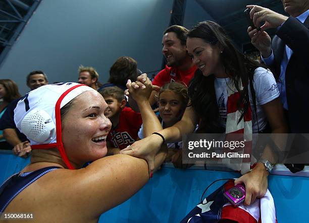 Courtney Mathewson of United States celebrates winning the Women's Water Polo Gold Medal match between the United States and Spain on Day 13 of the...