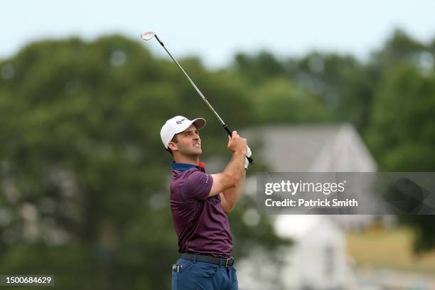 Denny McCarthy of the United States plays a second shot on the second hole during the first round of the Travelers Championship at TPC River...