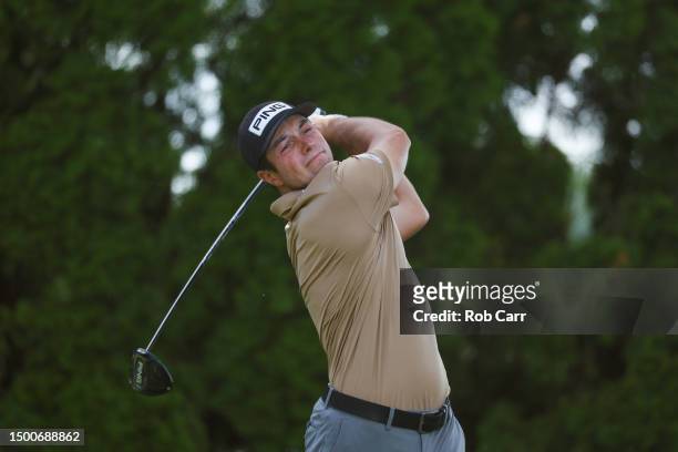 Viktor Hovland of Norway plays his shot from the ninth tee during the first round of the Travelers Championship at TPC River Highlands on June 22,...