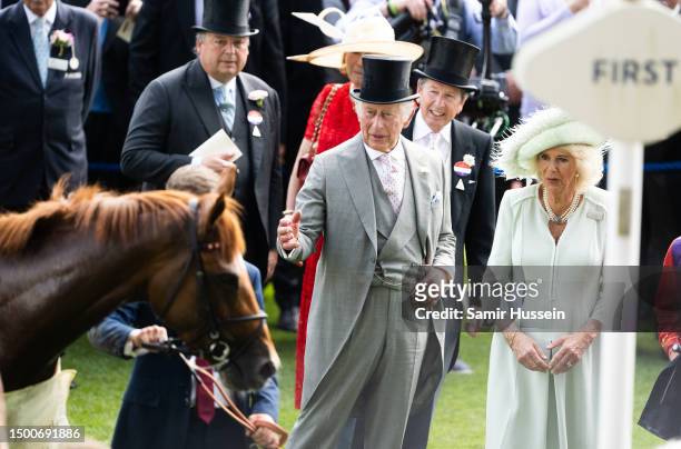 Desert Hero with owners the King Charles III and Queen Camilla after the King George V Stakes during day three of Royal Ascot 2023 at Ascot...