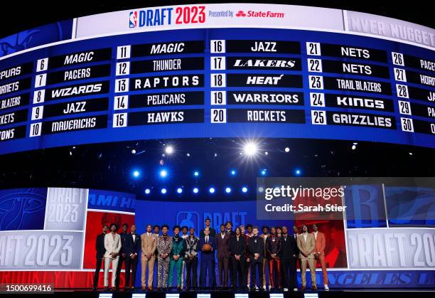 The Top Prospects pose with NBA commissioner Adam Silver prior to the first round of the 2023 NBA Draft at Barclays Center on June 22, 2023 in the...