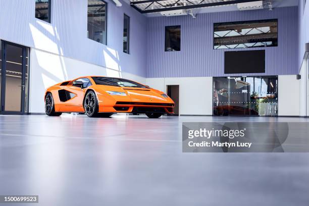 The Lamborghini Countach at HROwen Lamborghini in Hatfield, Hertfordshire. The new Countach is remodelled to bring the classic Countach into the...