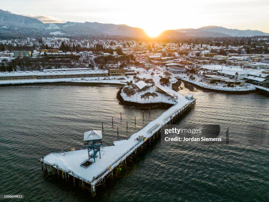 An aerial view of the Port Angeles pier.