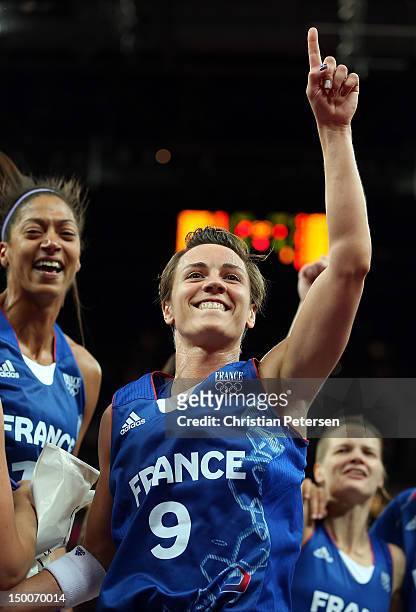 Celine Dumerc of France celebrates after defeating Russia 81-64 in the Women's Basketball semifinal on Day 13 of the London 2012 Olympics Games at...