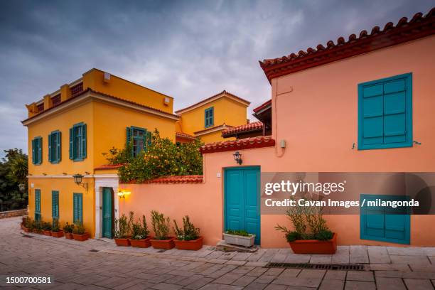 architecture in plaka, the old town of athens, greece - plaka stock pictures, royalty-free photos & images