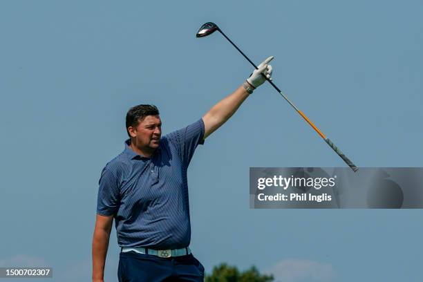 Cricket legend Steve Harmison in action prior to the Irish Legends 2023 at Seapoint Golf Club on June 22, 2023 in Louth, Ireland.