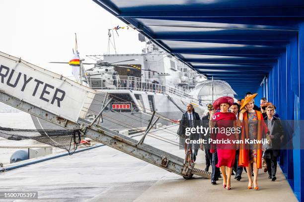 Queen Maxima of The Netherlands and Queen Mathilde of Belgium visit a Dutch and Belgian navy fregat on June 22, 2023 in Antwerp, Belgium.