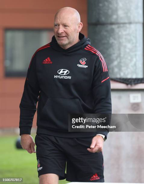 Shane Fletcher, team manager of the Crusaders, keeps an eye on proceedings during a Crusaders Super Rugby captain's run at Rugby Park on June 23,...