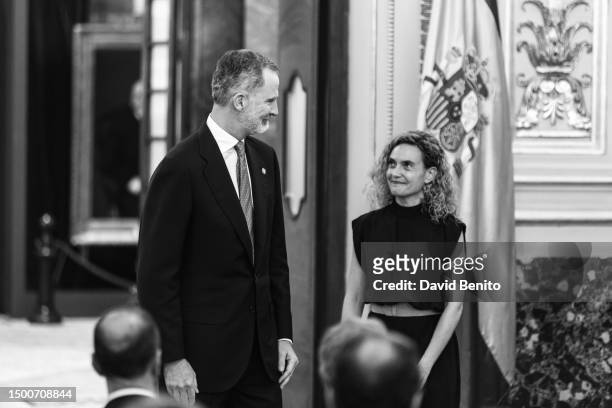 King Felipe Of Spain and Meritxell Batet attend the delivery of the 'Medallas del Congreso' by King Felipe of Spain to the former presidents of the...