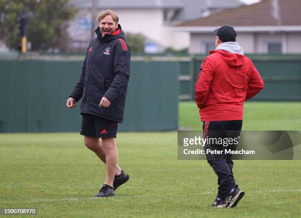 Scott Robertson, head coach of the Crusaders, has a laugh with assistant coach Scott Hansen during a Crusaders Super Rugby captain's run at Rugby...