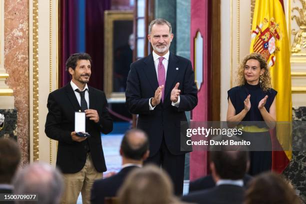 Antonio Peces-Barba, King Felipe Of Spain and Meritxell Batet attend the delivery of the 'Medallas del Congreso' by King Felipe of Spain to the...