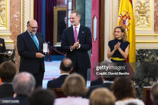 Ramon Alvarez de Miranda, King Felipe VI of Spain and Meritxell Batet attend the delivery of the 'Medallas del Congreso' by King Felipe VI of Spain...