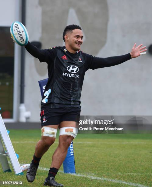 Christian Lio-Willie of the Crusaders reacts as he scores a try during a game of ruck touch during a Crusaders Super Rugby captain's run at Rugby...