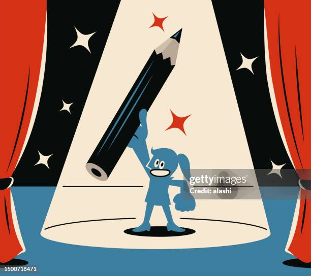 a smiling blue woman holding a big pencil on stage with a spotlight - copy writing stock illustrations