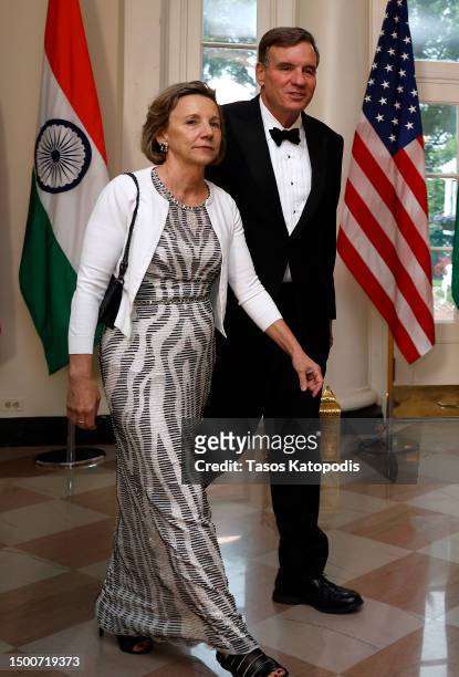 Sen. Mark Warner and his wife Lisa Collis arrive at the White House on June 22, 2023 in Washington, DC. President Joe Biden and first lady Jill Biden...