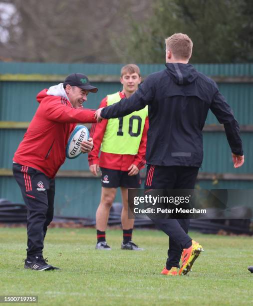 Scott Hansen, assistant coach of the Crusaders has a laugh as he is shoved by Jack Goodhue of the Crusaders during a Crusaders Super Rugby captain's...