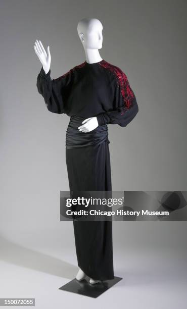 Evening dress, ca 1973 . Silk crepe and satin, sequin, glass bead by James Galanos; worn by ballerina Maria Tallchief .