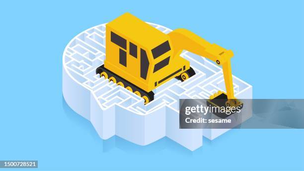 process and clean up complex and confusing ideas, solve business problems, diggers working in the labyrinth of the brain to clear complex obstacles - brain maze stock illustrations